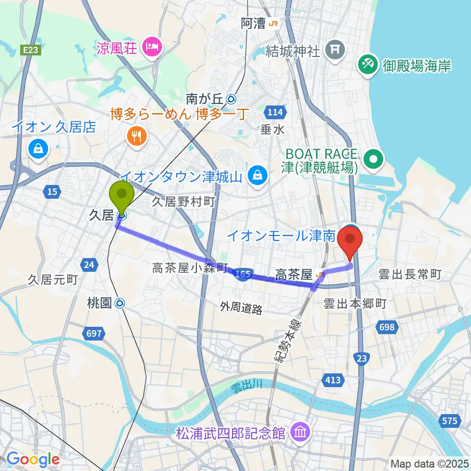 久居駅からイオンシネマ津南へのルートマップ地図