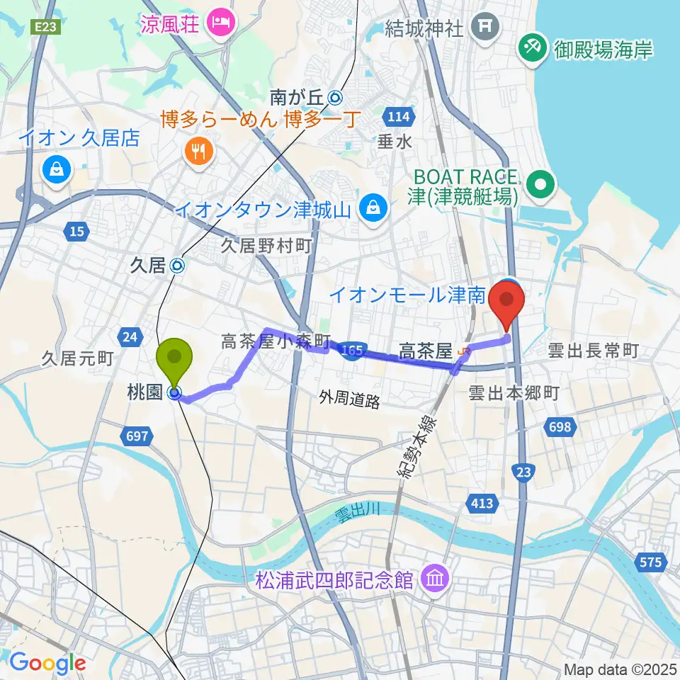 桃園駅からイオンシネマ津南へのルートマップ地図