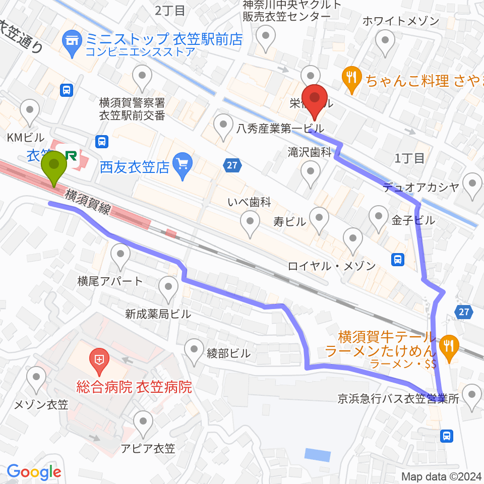 スタジオバックビートの最寄駅衣笠駅からの徒歩ルート（約4分）地図