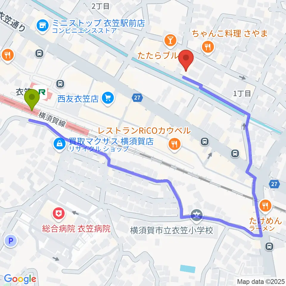 スタジオバックビートの最寄駅衣笠駅からの徒歩ルート（約4分）地図