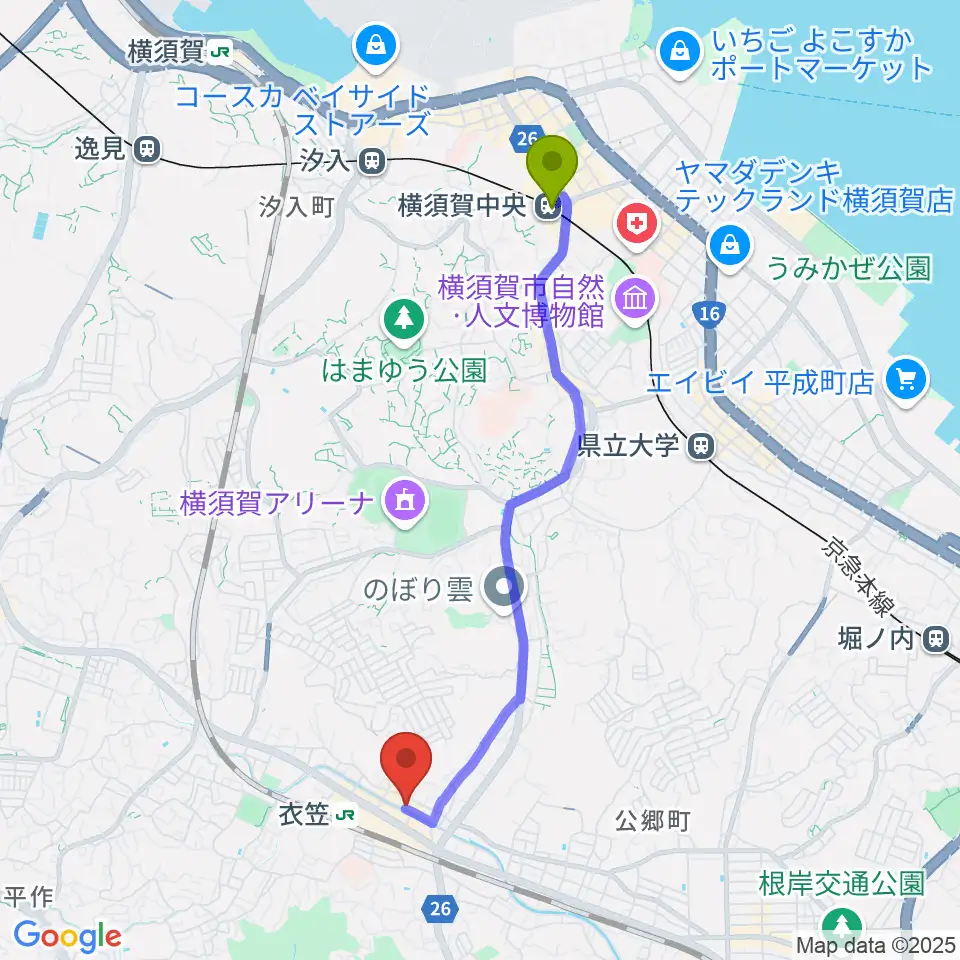 横須賀中央駅からスタジオバックビートへのルートマップ地図