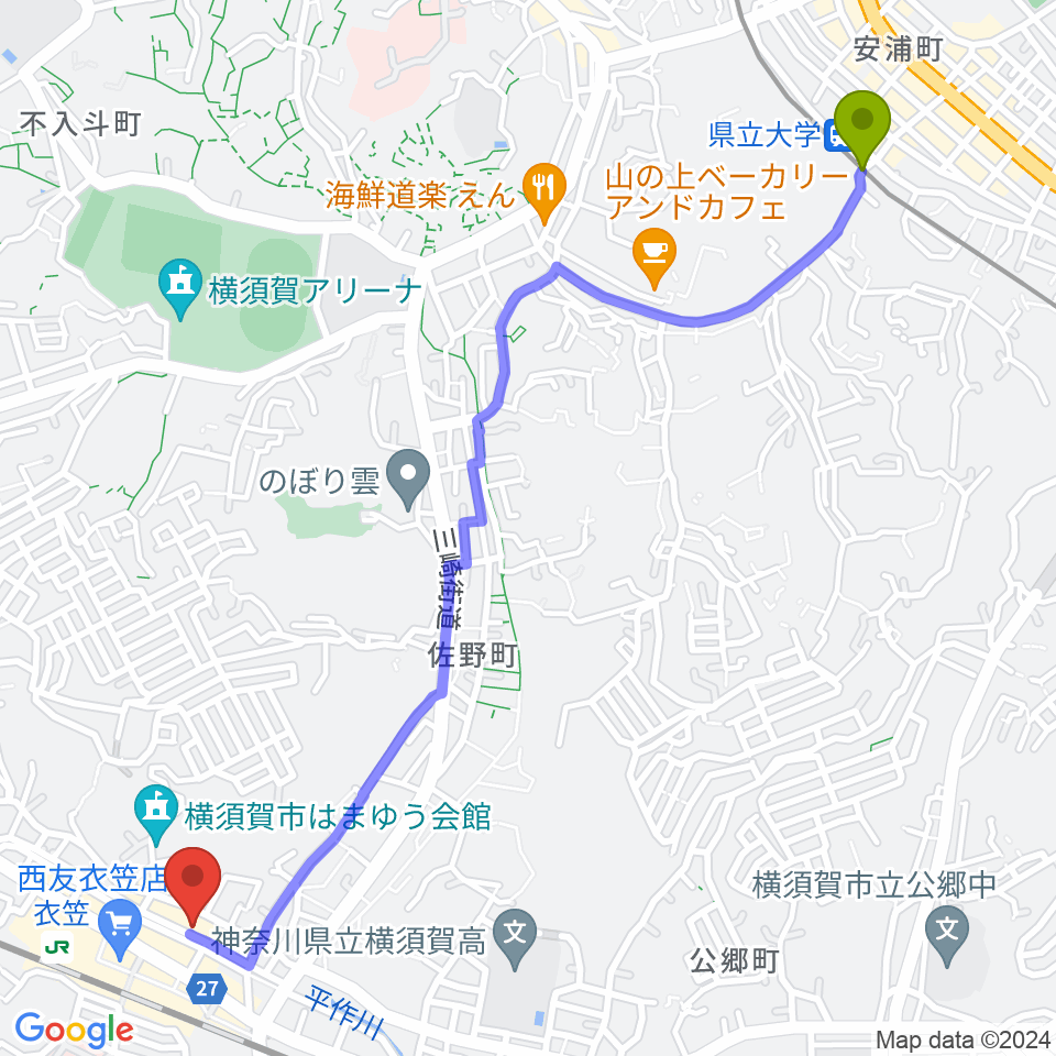 県立大学駅からスタジオバックビートへのルートマップ地図