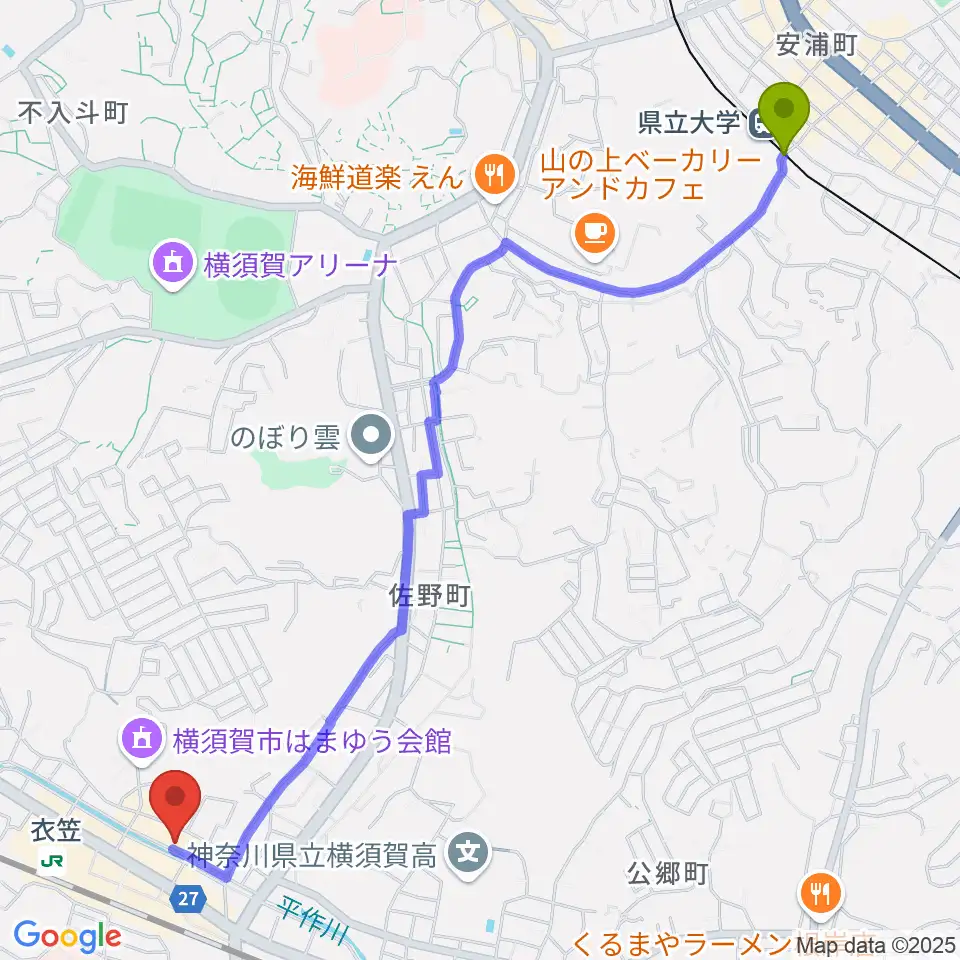 県立大学駅からスタジオバックビートへのルートマップ地図