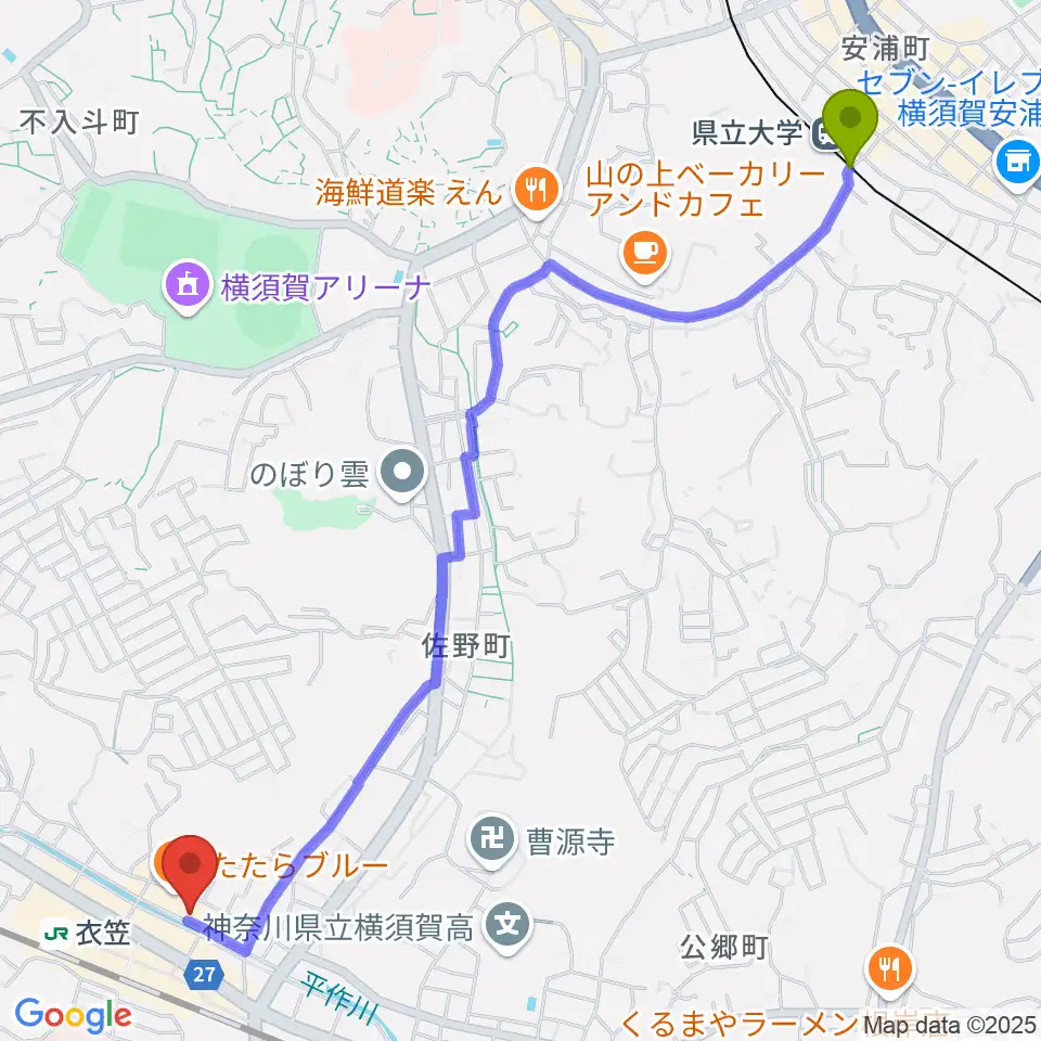 県立大学駅からスタジオバックビートへのルートマップ地図
