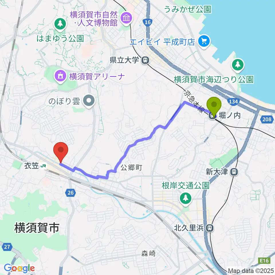 堀ノ内駅からスタジオバックビートへのルートマップ地図