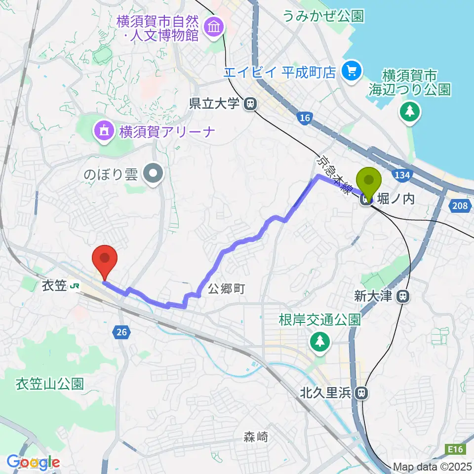 堀ノ内駅からスタジオバックビートへのルートマップ地図