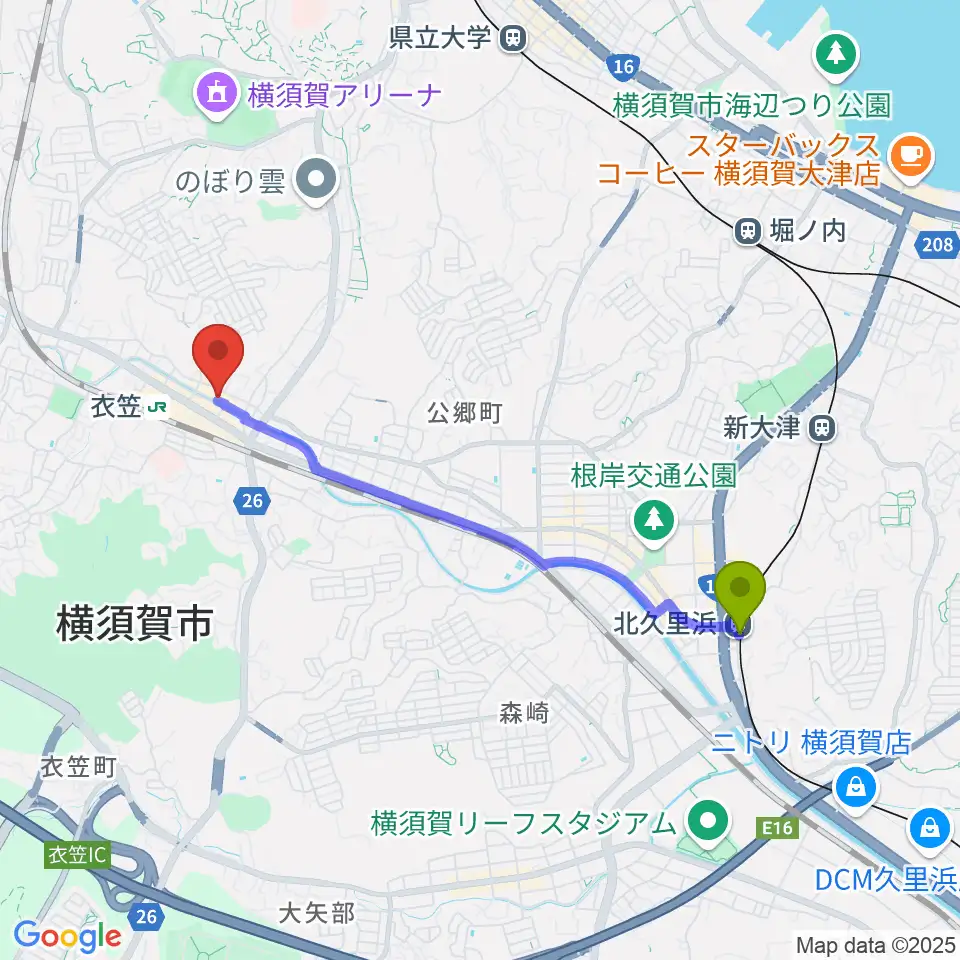 北久里浜駅からスタジオバックビートへのルートマップ地図