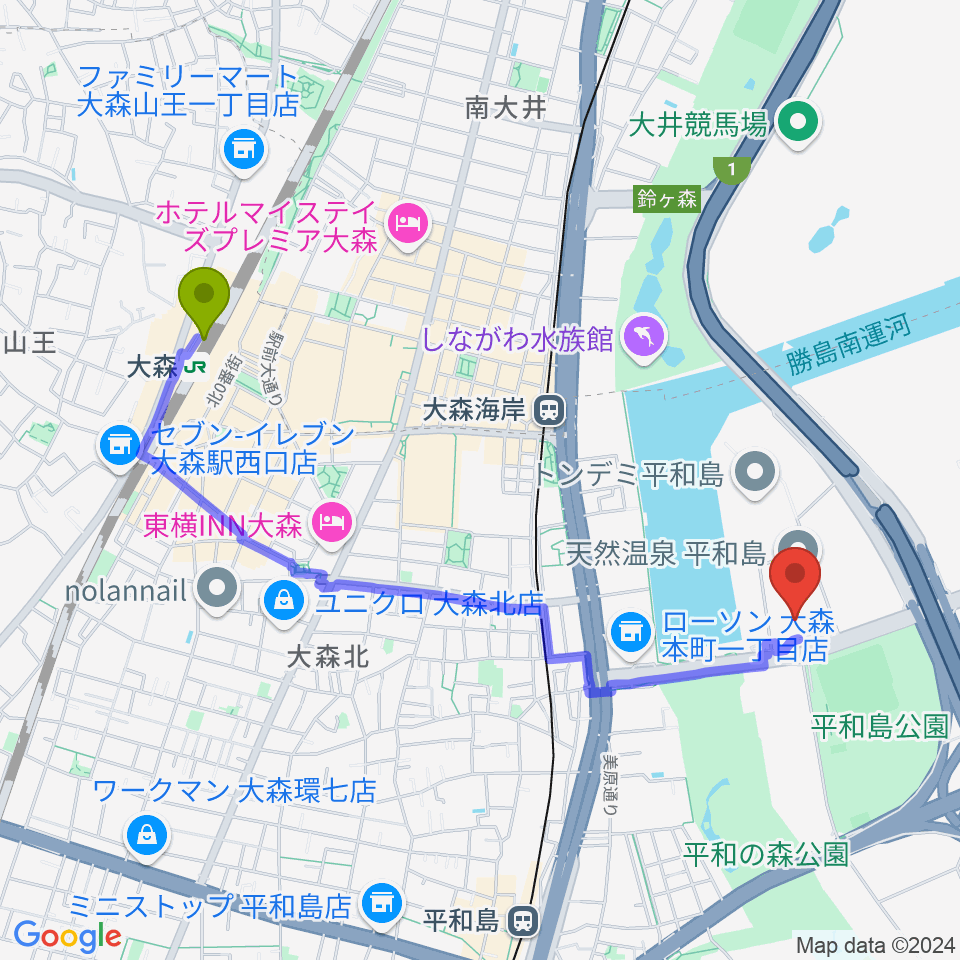 大森駅からシネマサンシャイン平和島へのルートマップ Mdata