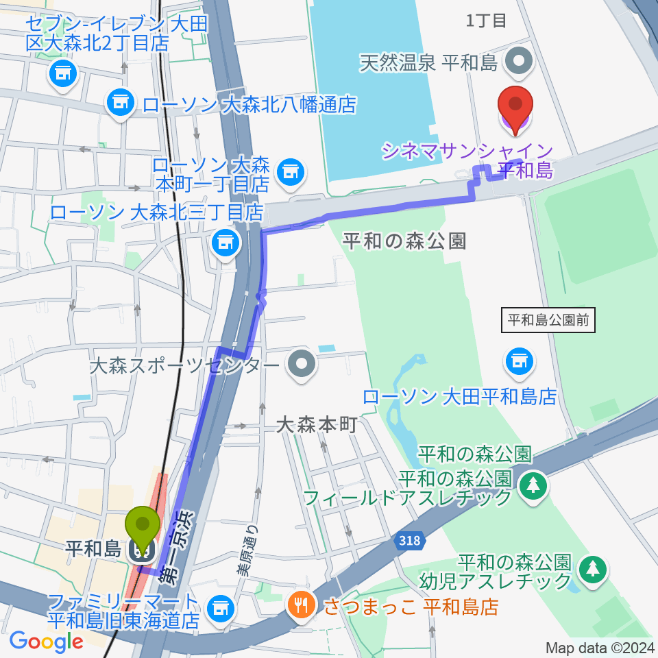 平和島駅からシネマサンシャイン平和島へのルートマップ Mdata