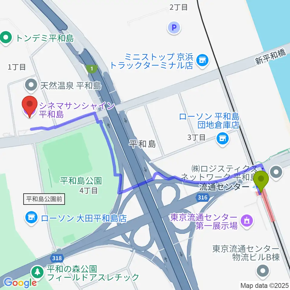 流通センター駅からシネマサンシャイン平和島へのルートマップ地図