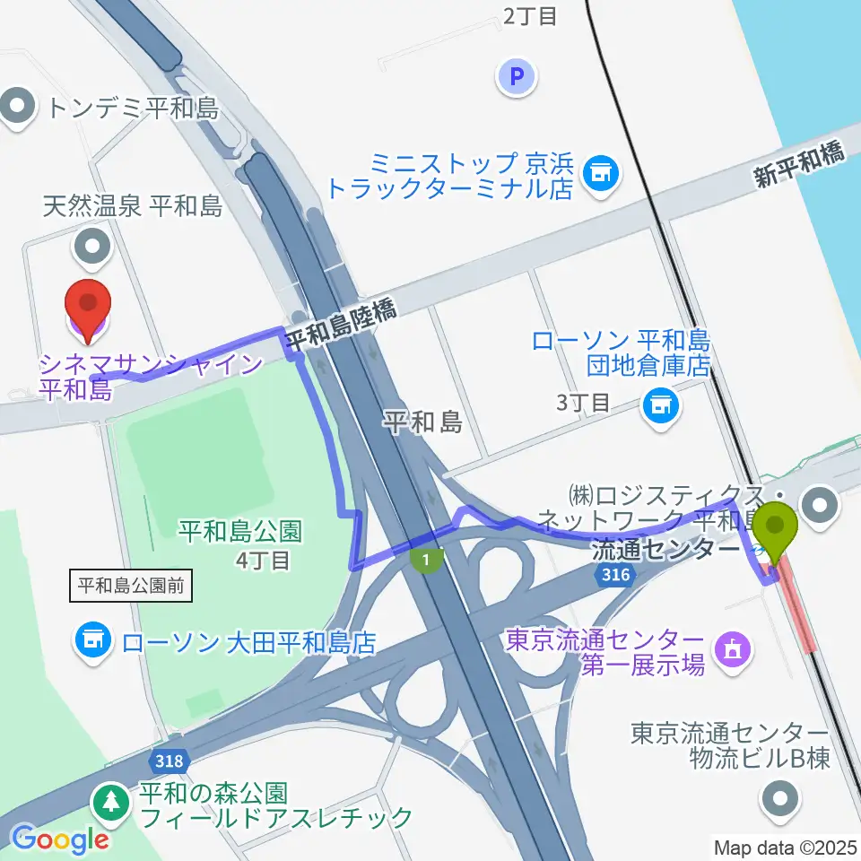 流通センター駅からシネマサンシャイン平和島へのルートマップ地図