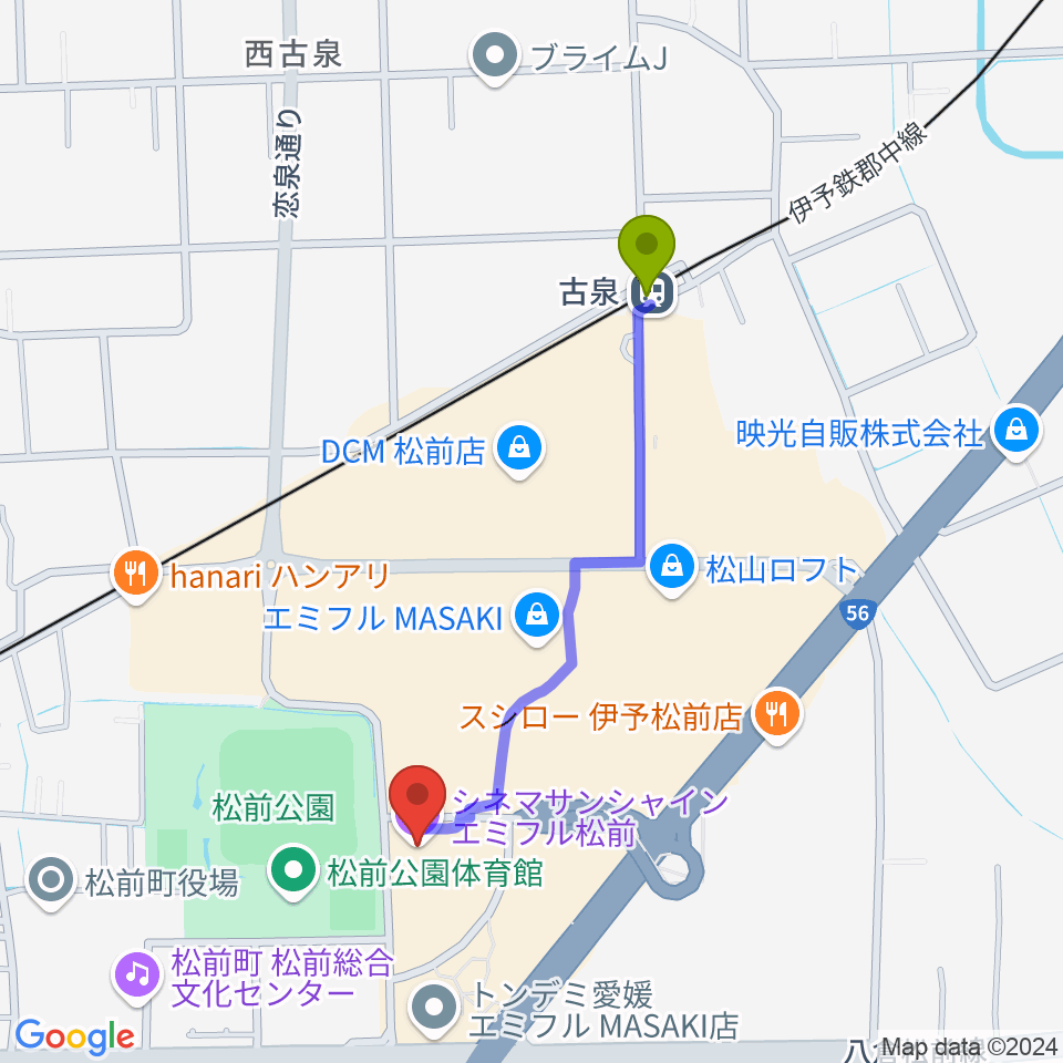 シネマサンシャインエミフルmasaki の最寄駅古泉駅からの徒歩ルート 約9分 Mdata