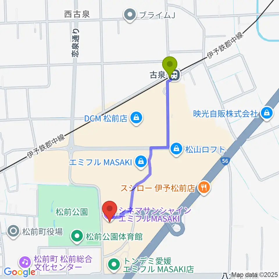 シネマサンシャインエミフルMASAKIの最寄駅古泉駅からの徒歩ルート（約9分）地図