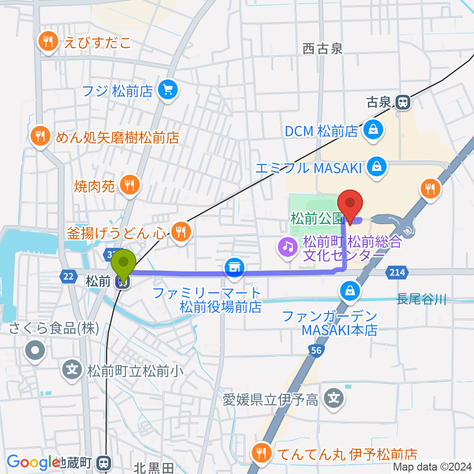 松前駅からシネマサンシャインエミフルMASAKIへのルートマップ地図