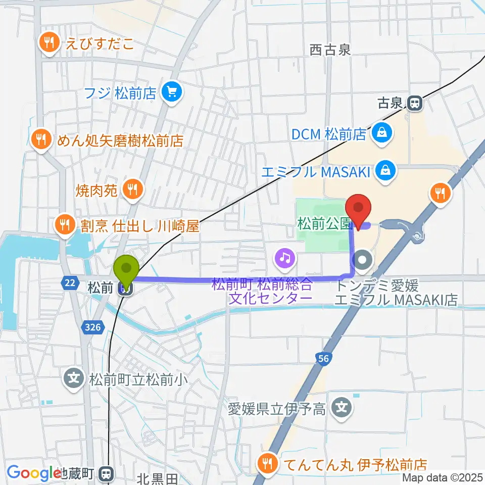 松前駅からシネマサンシャインエミフルMASAKIへのルートマップ地図