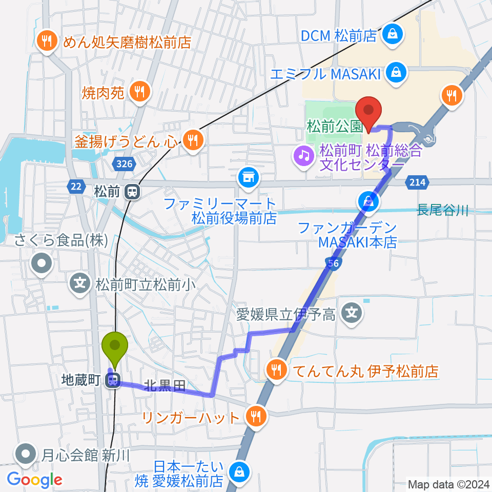 地蔵町駅からシネマサンシャインエミフルMASAKIへのルートマップ地図