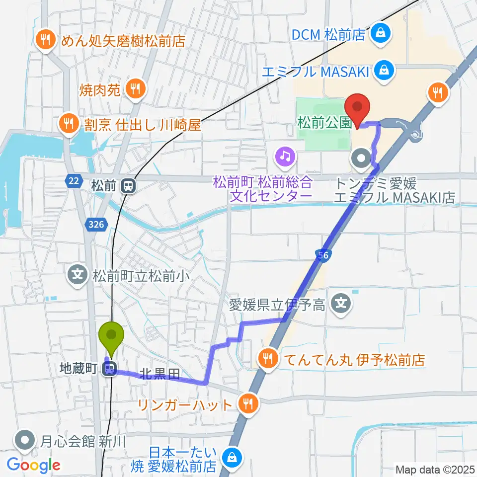 地蔵町駅からシネマサンシャインエミフルMASAKIへのルートマップ地図