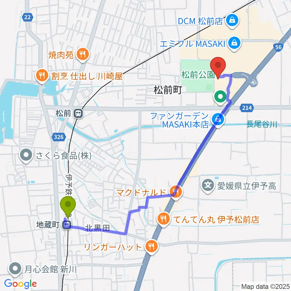 地蔵町駅からシネマサンシャインエミフルMASAKIへのルートマップ地図