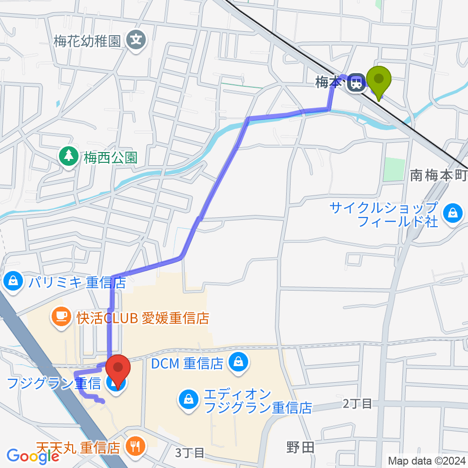 シネマサンシャイン重信の最寄駅梅本駅からの徒歩ルート（約13分）地図