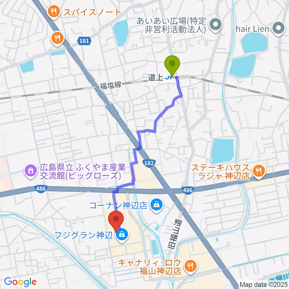 福山エーガル8シネマズの最寄駅道上駅からの徒歩ルート（約18分）地図