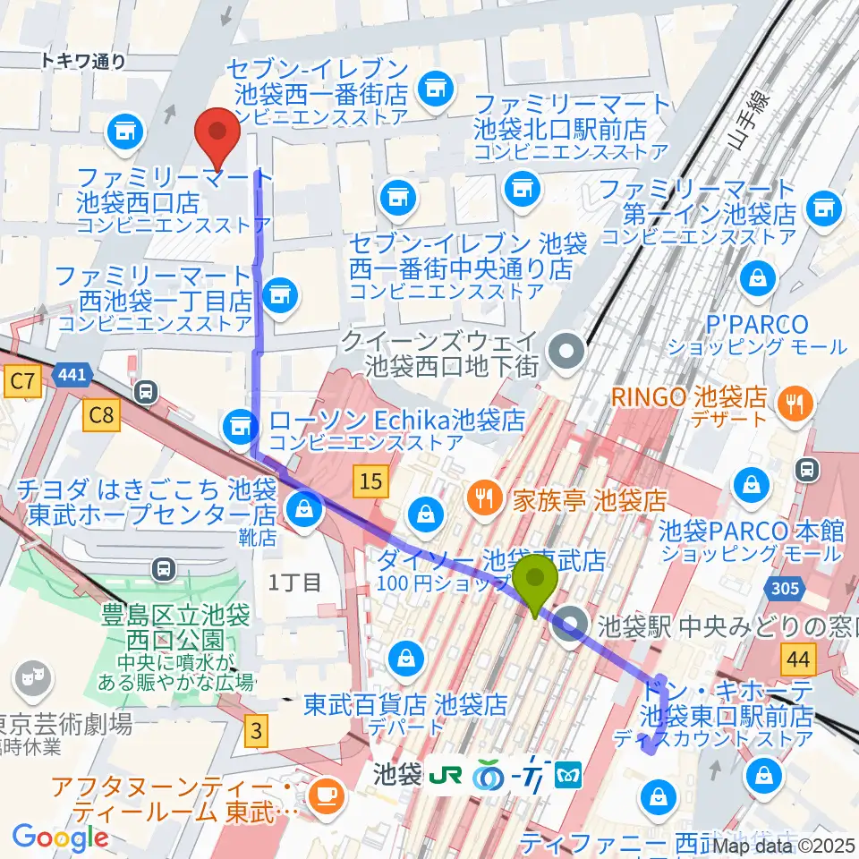 池袋シネマ・ロサの最寄駅池袋駅からの徒歩ルート（約5分）地図