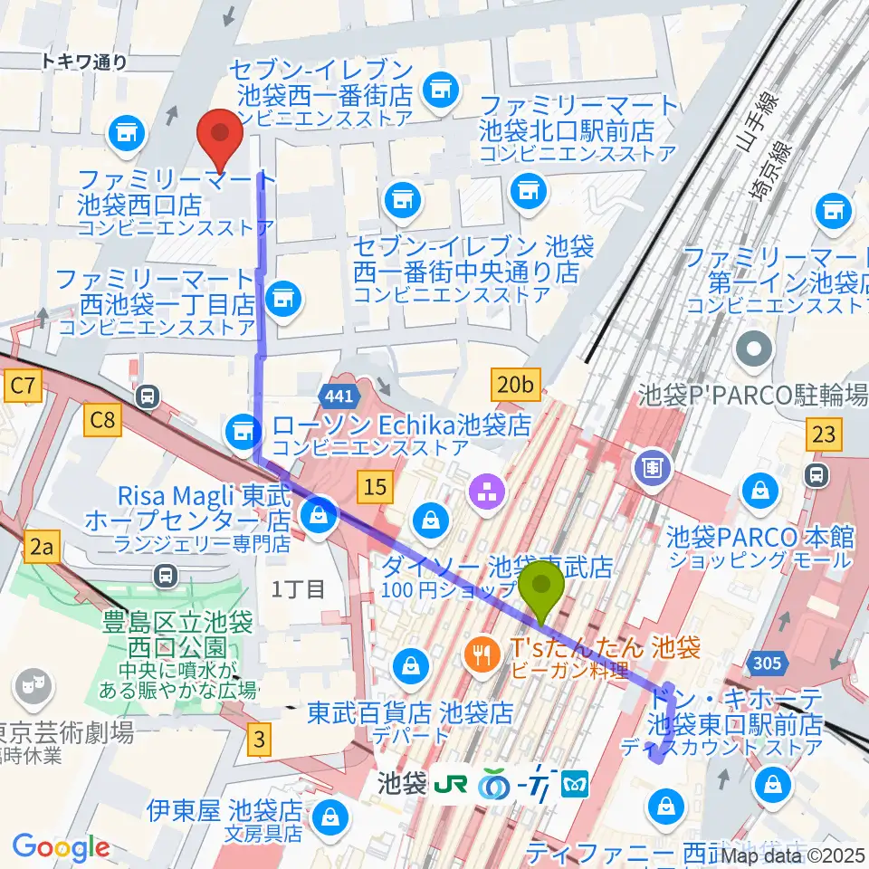 池袋シネマ・ロサの最寄駅池袋駅からの徒歩ルート（約5分）地図