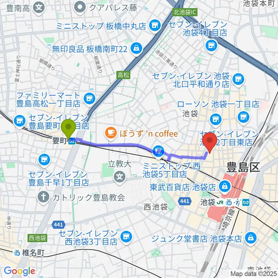 要町駅から池袋シネマ・ロサへのルートマップ地図