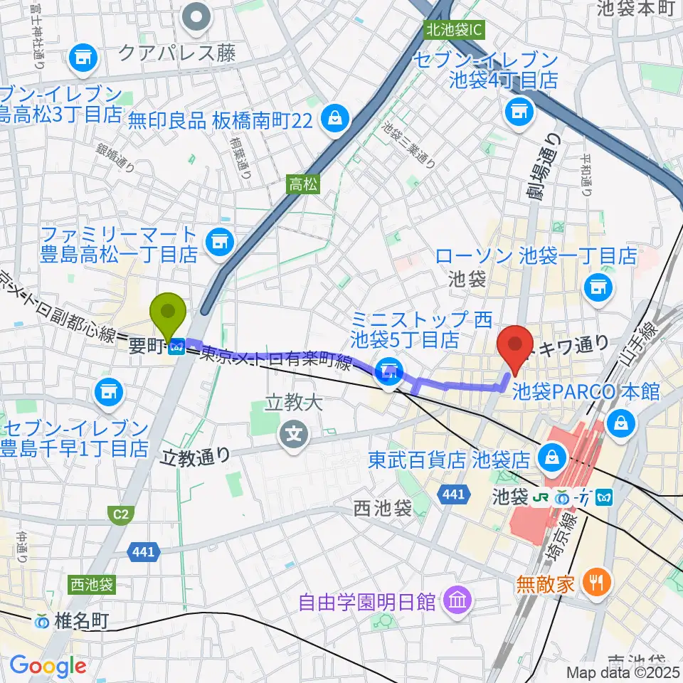 要町駅から池袋シネマ・ロサへのルートマップ地図