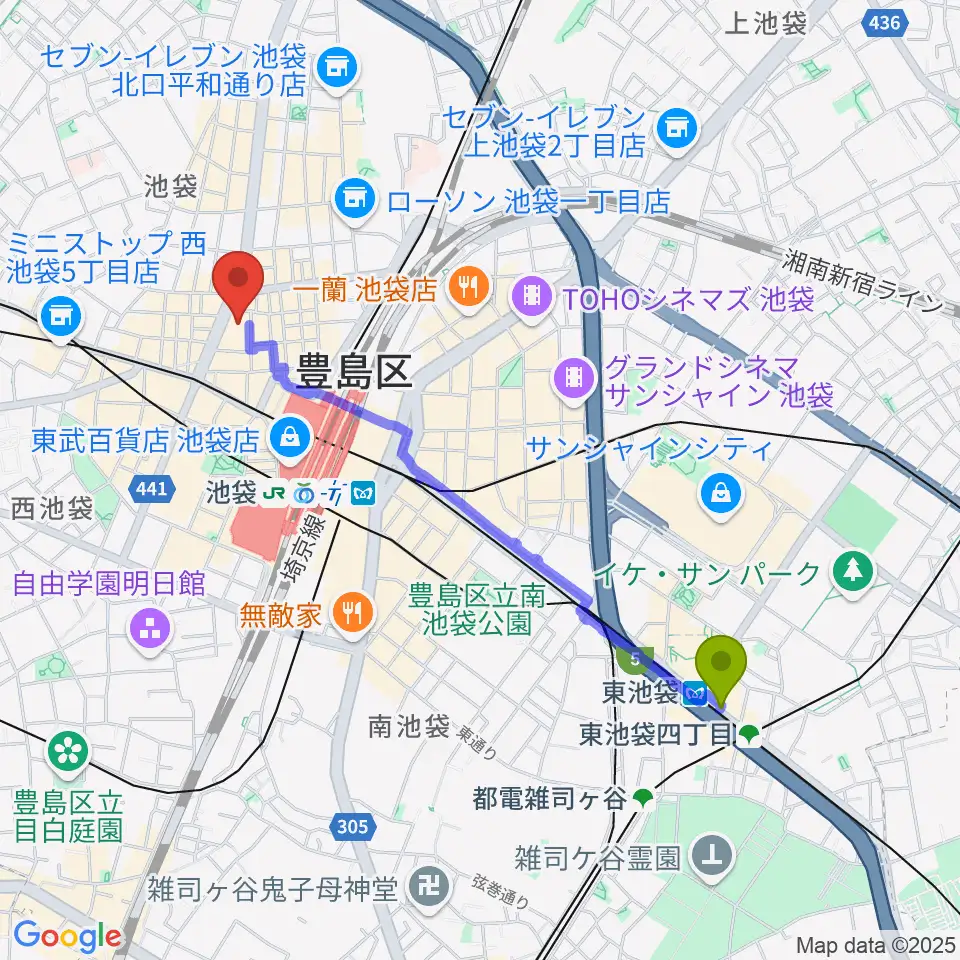 東池袋駅から池袋シネマ・ロサへのルートマップ地図