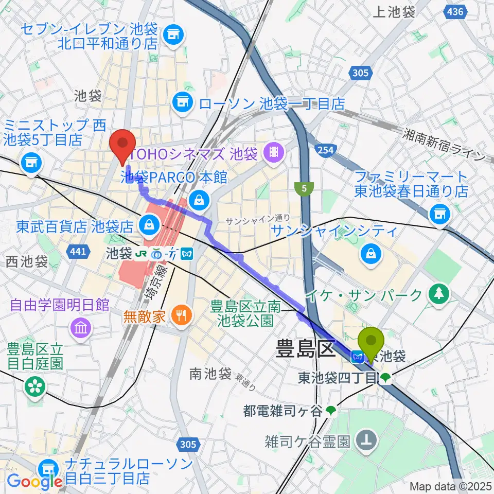 東池袋駅から池袋シネマ・ロサへのルートマップ地図