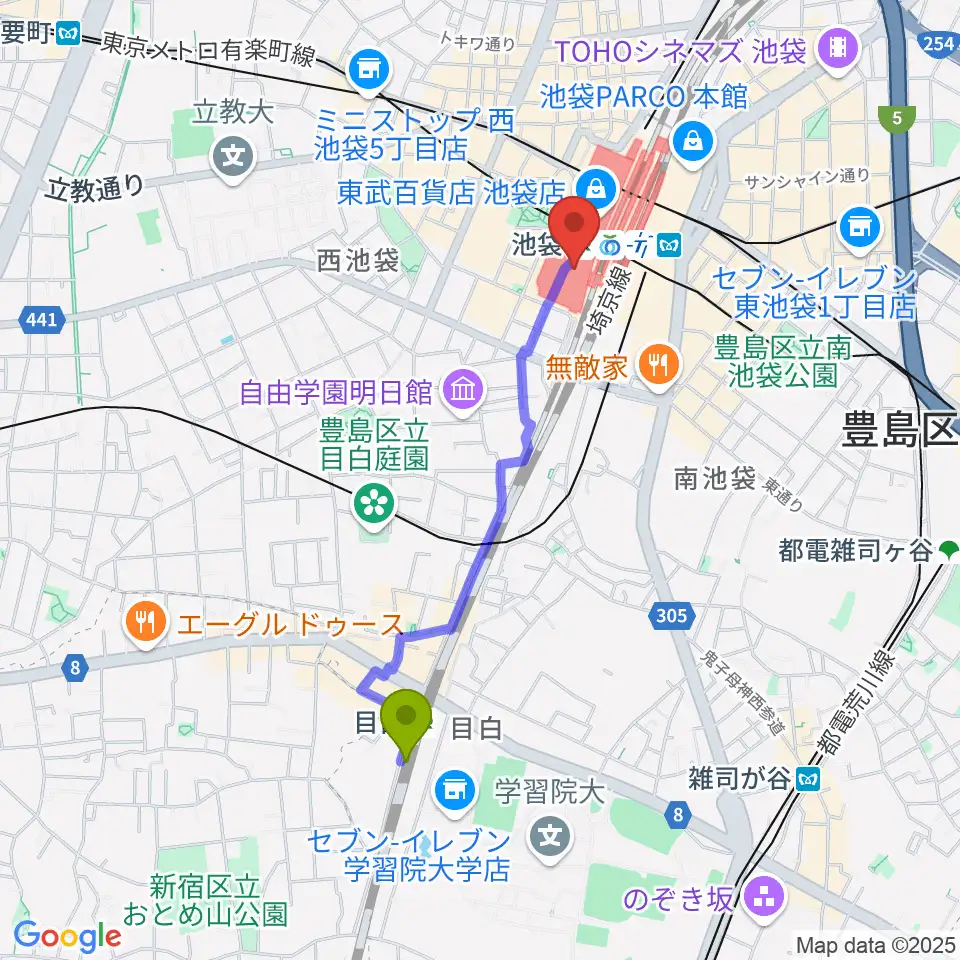 目白駅からシネ・リーブル池袋へのルートマップ地図