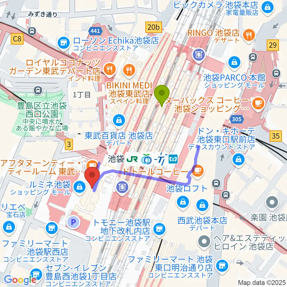 シネ・リーブル池袋の最寄駅池袋駅からの徒歩ルート（約3分）地図