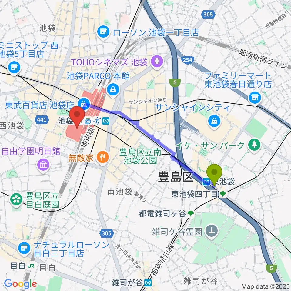 東池袋駅からシネ・リーブル池袋へのルートマップ地図