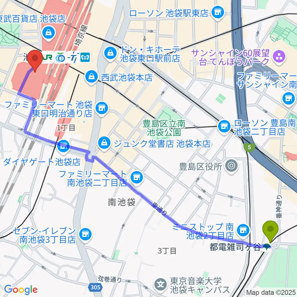都電雑司ヶ谷駅からシネ・リーブル池袋へのルートマップ地図