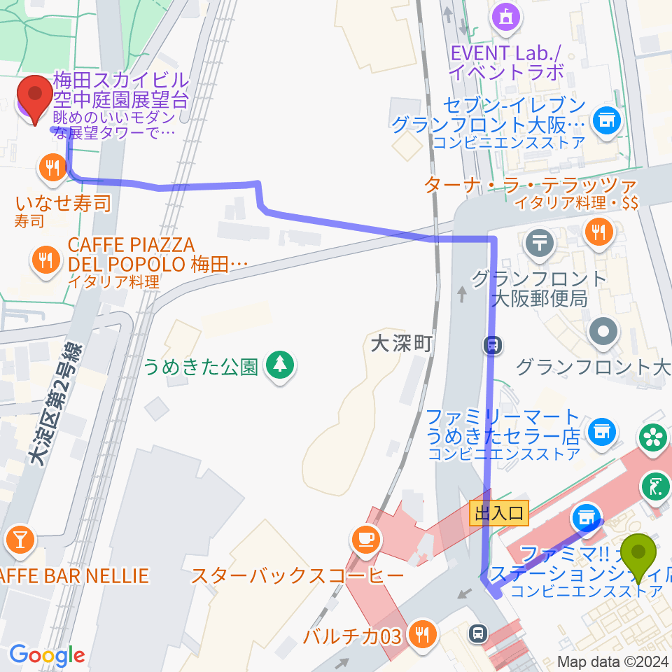 テアトル梅田の最寄駅大阪駅からの徒歩ルート（約9分）地図