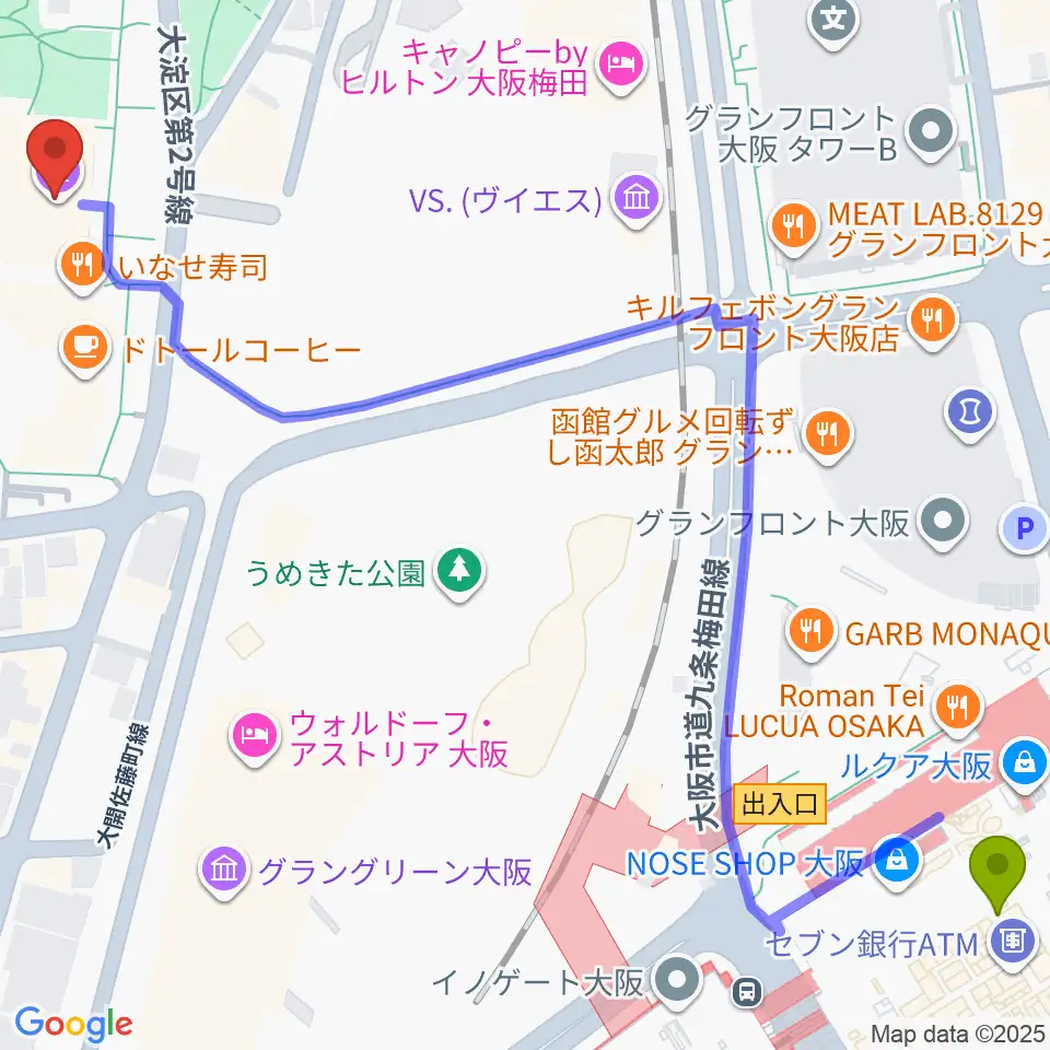 テアトル梅田の最寄駅大阪駅からの徒歩ルート（約9分）地図