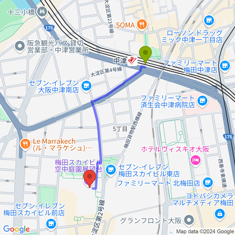 中津駅からテアトル梅田へのルートマップ地図