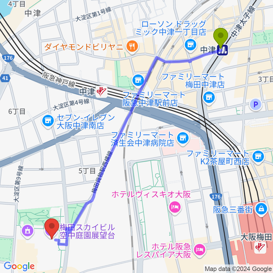 中津駅からテアトル梅田へのルートマップ地図