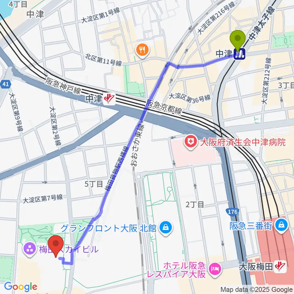 中津駅からテアトル梅田へのルートマップ地図