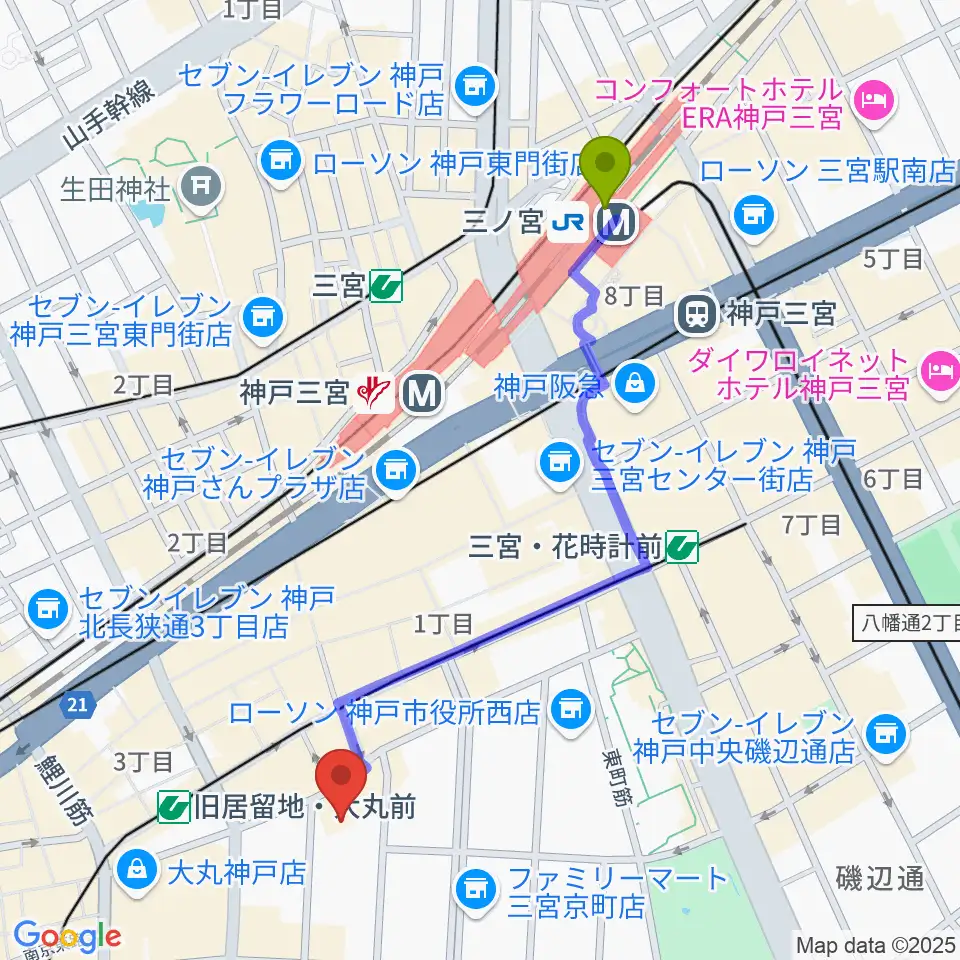 三ノ宮駅からシネ・リーブル神戸へのルートマップ地図