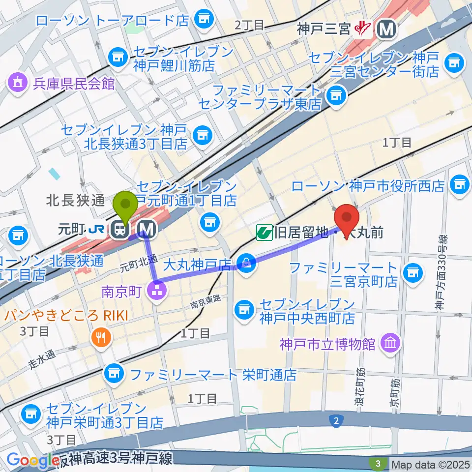 元町駅からシネ・リーブル神戸へのルートマップ地図