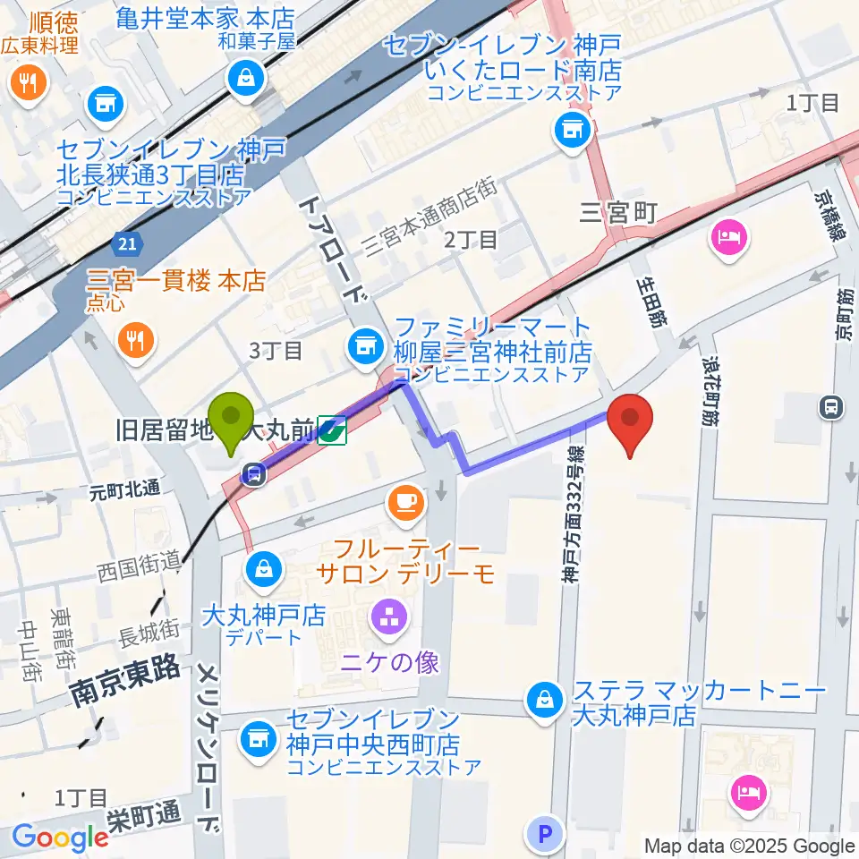 シネ・リーブル神戸の最寄駅旧居留地・大丸前駅からの徒歩ルート（約4分）地図