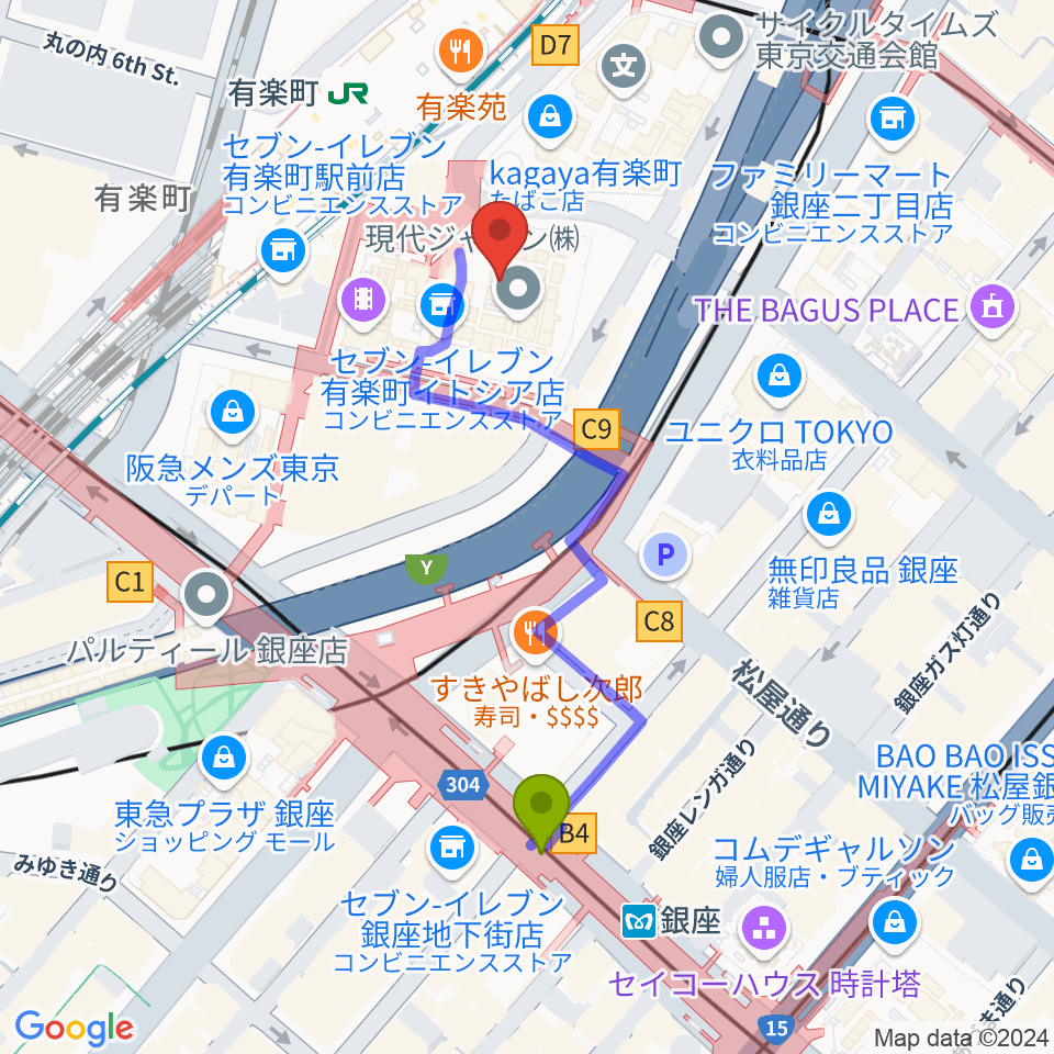 銀座駅からヒューマントラストシネマ有楽町へのルートマップ地図