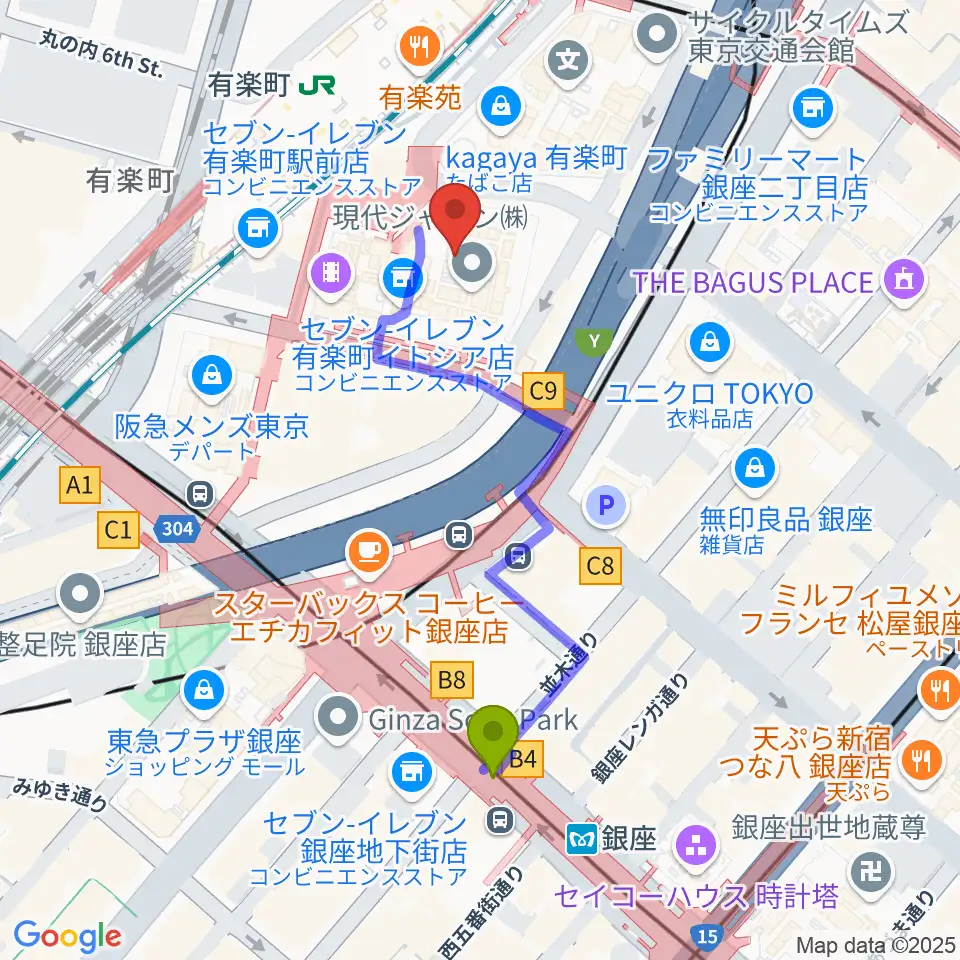 銀座駅からヒューマントラストシネマ有楽町へのルートマップ地図