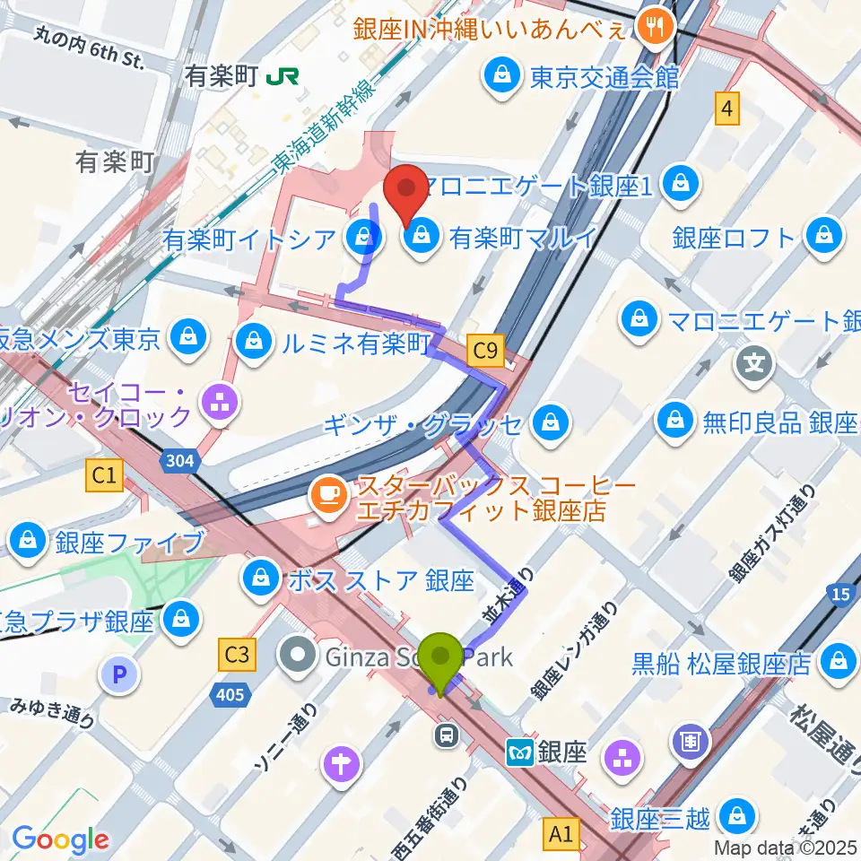 銀座駅からヒューマントラストシネマ有楽町へのルートマップ地図