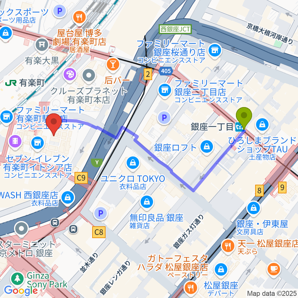 銀座一丁目駅からヒューマントラストシネマ有楽町へのルートマップ地図