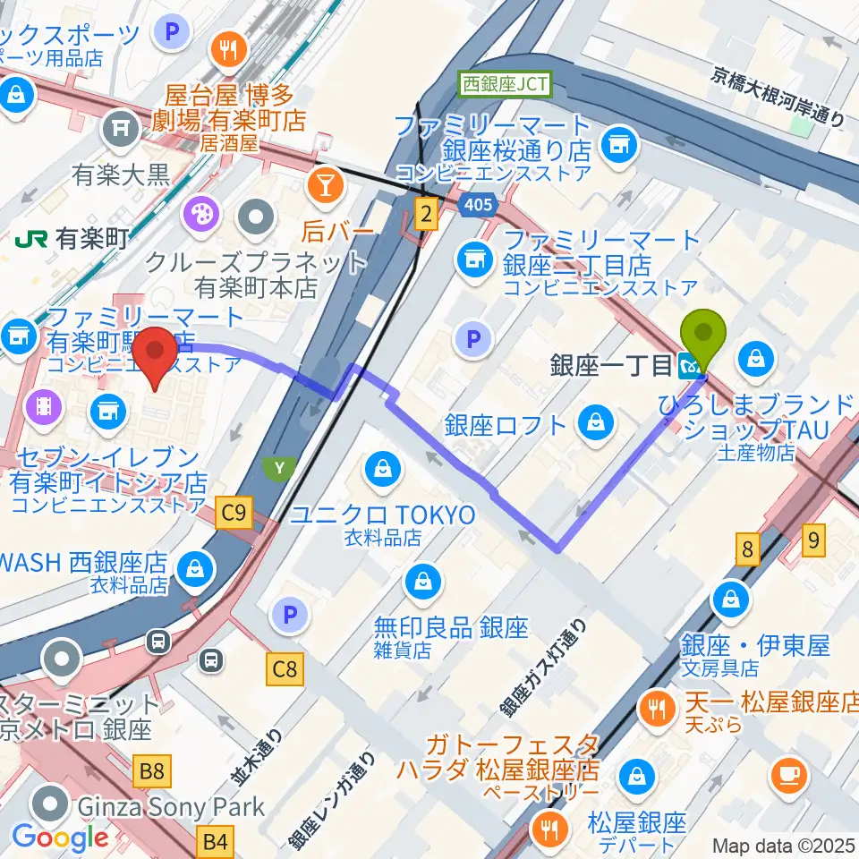 銀座一丁目駅からヒューマントラストシネマ有楽町へのルートマップ地図