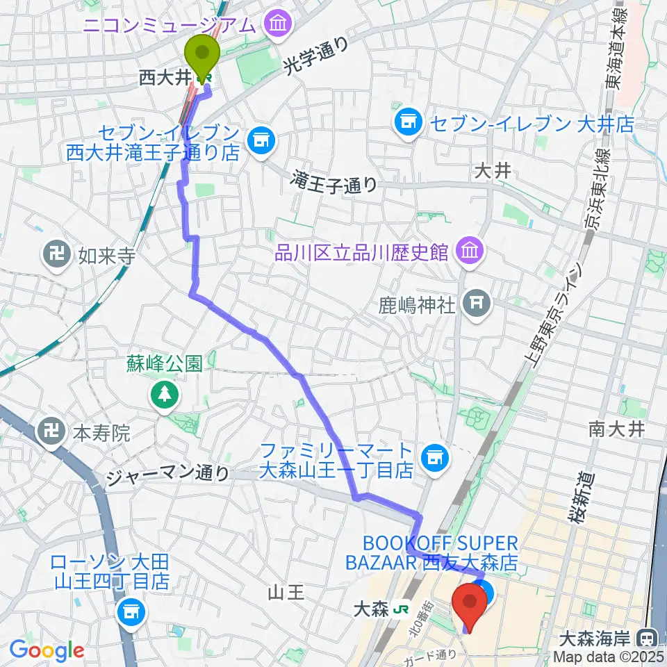 西大井駅からキネカ大森へのルートマップ地図