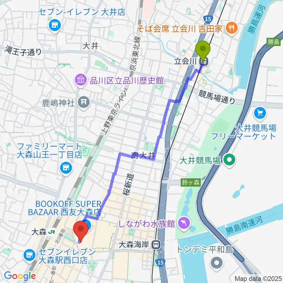 立会川駅からキネカ大森へのルートマップ地図