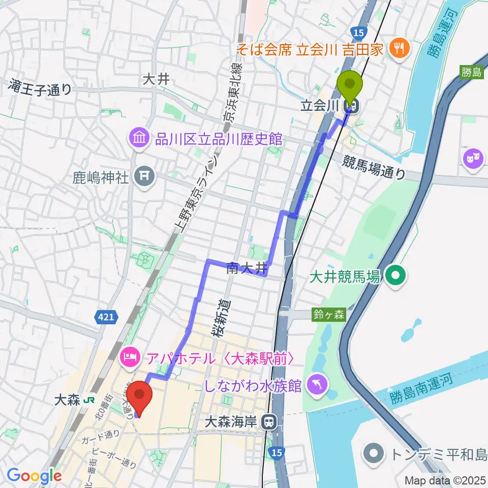 立会川駅からキネカ大森へのルートマップ地図